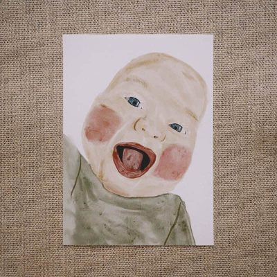 Custom watercolor portrait of a smiling baby with open mouth.