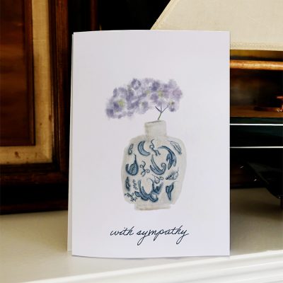 Sympathy Hydrangea greeting card featuring delicate purple hydrangea flowers in a decorative vase.