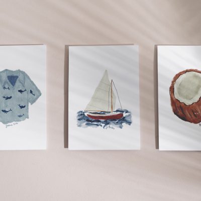 tropical vacation greeting cards Hawaiian shirt coconut sail boat ocean summer