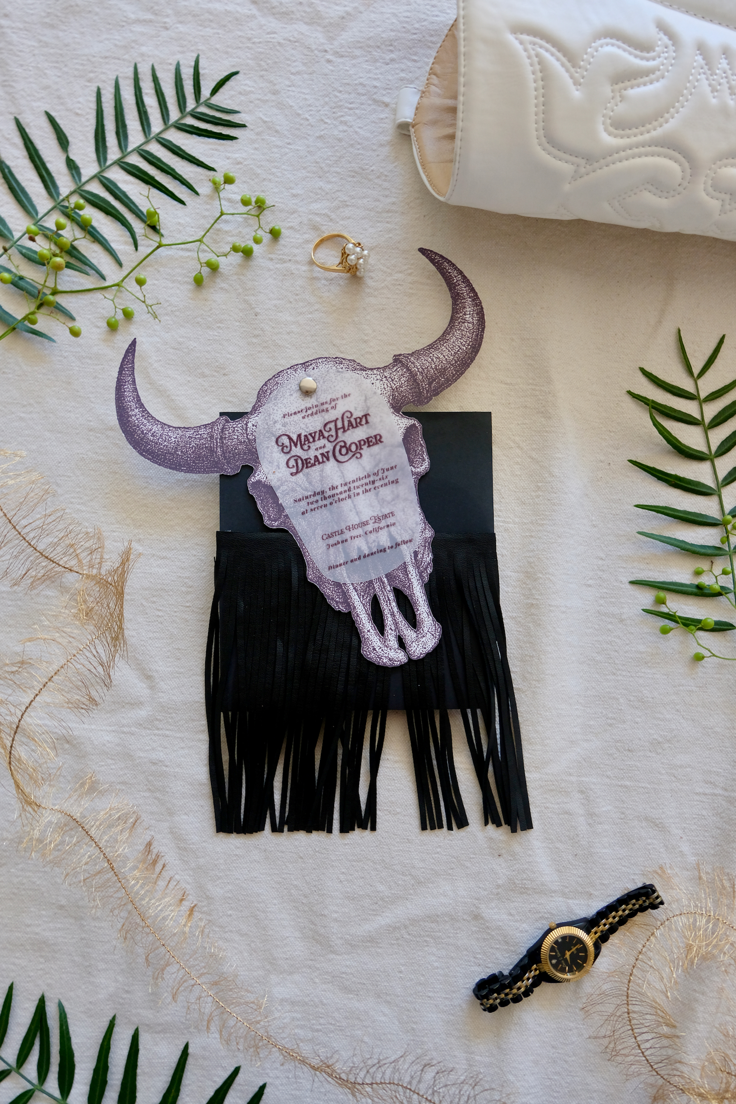 wedding invite western bull invitation close up